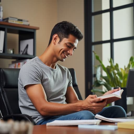 10대 후반의 라틴계 남성이 회의 테이블에 앉아 행복한 표정을 지으며 책을 읽고 있습니다. 편안한 티셔츠와 청바지를 착용하고 있으며, 사무실 환경에서 문서와 사무용품이 주변에 놓여 있어 즐거운 감정을 드러내고 있습니다.