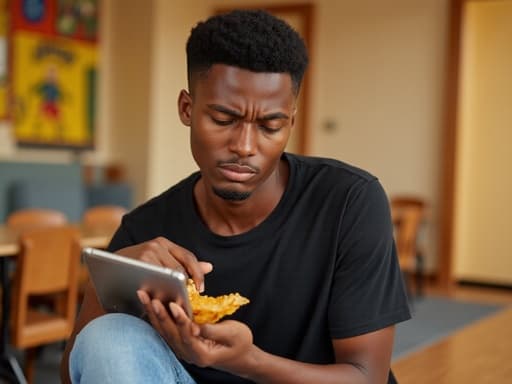 20대 초반의 흑인 남성이 캐주얼한 티셔츠와 청바지를 입고 반신 촬영된 모습입니다. 한 손에 태블릿을 들고 다른 손으로 음식을 먹으며 약간의 불만을 표현하고 있습니다. 커뮤니티 센터의 따뜻하고 친근한 분위기가 그를 감싸며, 장면에 편안함과 공동체의 느낌을 더하고 있습니다.
