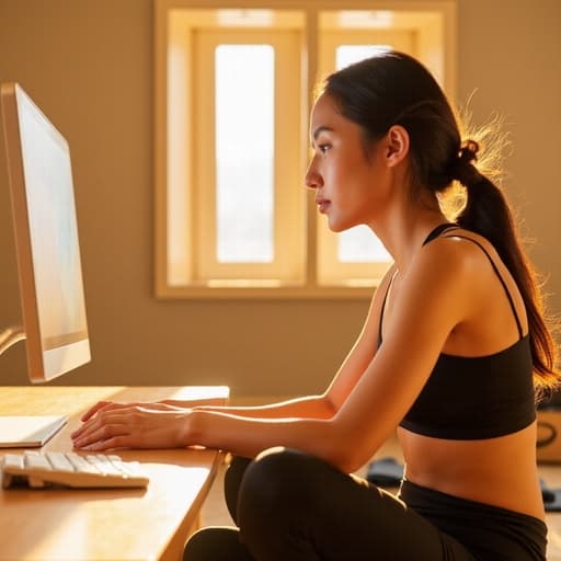 이 이미지는 30대 초반의 아시아계 여성이 편안한 운동복과 레깅스를 입고, 책상 위에 팔을 올린 채 컴퓨터 화면을 바라보며 편안한 표정을 짓고 있는 모습을 담고 있습니다. 배경은 아늑한 요가 스튜디오로, 밝은 조명과 운동 매트가 배치되어 있어 평온함과 웰빙의 느낌을 전합니다.