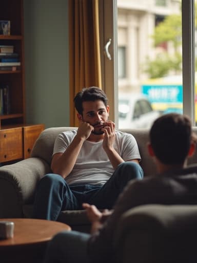 편안한 거실 소파에 앉아 친구와 대화를 나누고 있는 10대 후반의 라틴계 남성의 반신 사진입니다. 그는 편안한 티셔츠와 청바지를 입고 있으며, 스트레스를 받은 표정을 짓고 있습니다. 배경에는 창밖으로 보이는 거리 풍경이 추가되어 장면에 깊이를 더합니다. 전체적인 분위기는 분주한 외부 세계 속에서의 연결과 성찰의 순간을 포착하고 있습니다.