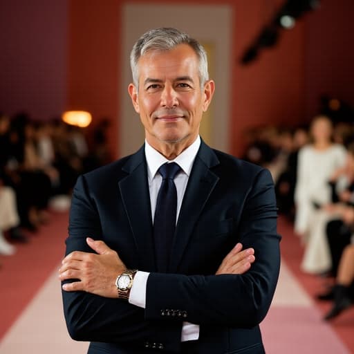 50대 초반의 백인 남성이 세련된 수트와 고급스러운 시계를 착용한 채 팔짱을 끼고 편안하게 서 있으며, 패션쇼 런웨이를 배경으로 다양한 모델들이 지나가는 모습이 담겨 있습니다.