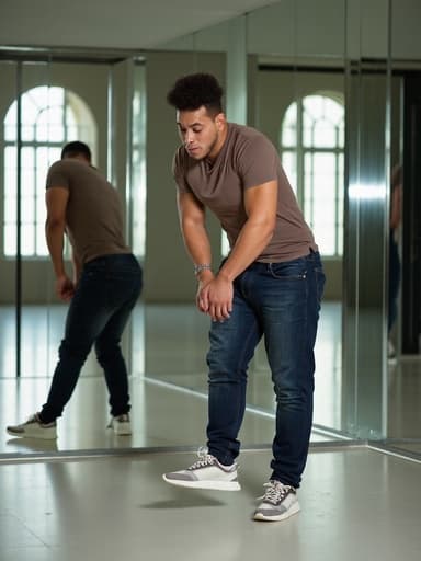 20대 후반의 혼혈 남성이 캐주얼한 티셔츠와 청바지를 입고 스타일리시한 운동화를 신고 있는 전신 사진입니다. 그의 표정은 긴장감이 느껴지는 스트레스를 반영하며, 신발을 신으려는 순간 점프하는 자세로 미러룸에서 촬영되었습니다.