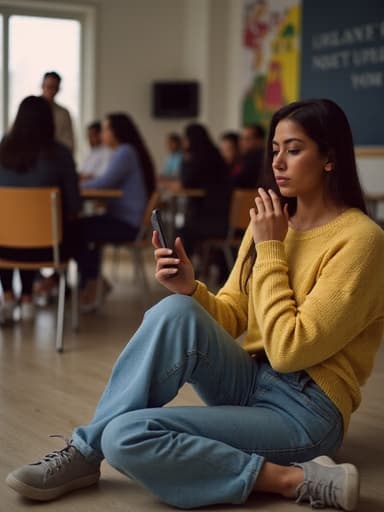 이 이미지는 자연스러운 외모를 가진 혼혈의 10대 소녀가 커뮤니티 센터 바닥에 앉아 편안한 스웨터와 청바지를 입고 스마트폰을 들고 화면을 주의 깊게 바라보는 모습입니다. 긴장한 표정을 짓고 있으며, 배경에서는 다른 사람들이 소셜 미디어에 대해 활발히 이야기하고 있는 모습이 보입니다.