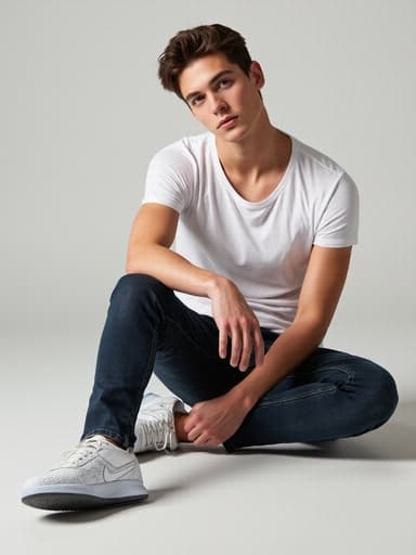 10대 후반의 백인 남성이 반신을 보여주는 샷에서 한쪽 발을 들어올리며 스타일리시한 운동화를 신으려 하고 있습니다. 그는 트렌디한 청바지와 세련된 티셔츠를 입고 있으며 매력적이고 현대적인 분위기를 발산합니다. 심플한 스튜디오 배경에 깔끔한 조명이 그의 외모와 패션 감각을 강조하며 매력적인 이미지를 만들어냅니다.