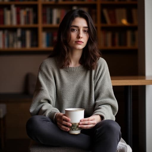 10대 후반의 백인 여성이 반신을 촬영한 이미지로, 편안한 스웨터와 청바지를 입고 캐주얼한 스니커즈를 신고 있습니다. 그녀의 표정은 우울하며, 한 손에 책을 들고 다른 손에 커피를 들고 멍하니 바라보고 있습니다. 아늑한 카페의 내부가 배경에 있어, 책장과 작은 테이블들이 놓여 있어 고독과 사색의 분위기를 더해줍니다.