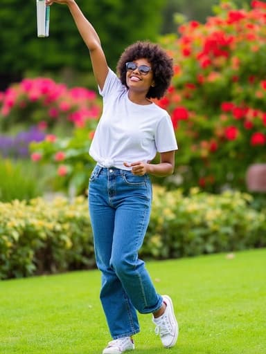 아름다운 정원에서 책을 들고 즐겁게 춤추고 있는 20대 초반의 흑인 여성의 전신 사진입니다. 그녀는 자연스러운 외모로 편안한 티셔츠와 청바지, 발랄한 스니커즈를 입고 있으며, 여유로운 미소로 편안함과 여유를 전달하고 있습니다. 화사한 꽃들이 피어 있는 정원에서 그녀의 즐거운 모습이 강조됩니다.