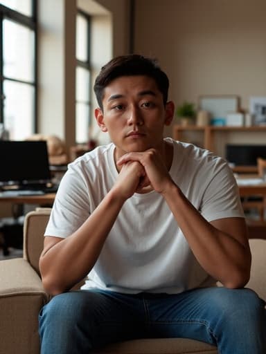 10대 후반 라틴계 남성이 세련된 사무실의 현대적인 소파에 앉아 있습니다. 그는 캐주얼한 티셔츠와 청바지를 입고 있으며, 걱정스러운 표정을 지으며 손을 턱에 괴고 노트북을 바라보고 있습니다. 배경에는 디자인 도구와 참고 자료가 가득한 책상이 있는 현대적인 사무실이 있어 창의적인 분위기를 자아냅니다.