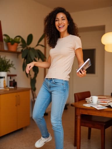 20대 후반의 활기찬 라틴계 여성이 아늑한 주방에서 캐주얼한 티셔츠와 청바지를 입고 발랄한 스니커즈를 신고 책을 들고 즐겁게 춤추고 있습니다. 주변에는 식탁 위에 책과 커피잔이 놓여 있어 따뜻한 주방 환경을 만들어냅니다.