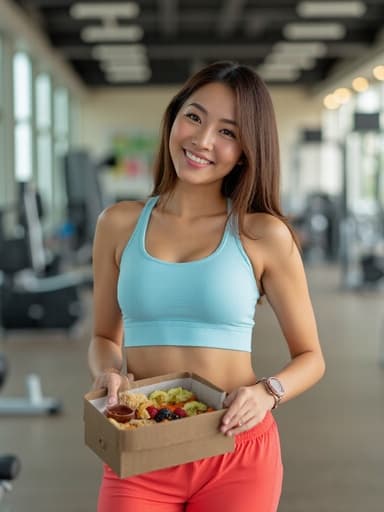 20대 중반의 동양인 여성이 자연스러운 미소를 지으며 행복한 표정을 짓고 있는 반신 촬영입니다. 편안한 운동복과 운동화를 착용하고 있으며, 맛있는 음식을 손에 들고 운동 후 상쾌한 기분으로 음식을 즐기려는 자세를 취하고 있습니다. 배경에는 운동 기구와 트랙이 있는 실내 체육관이 보이며, 운동적인 주제를 강조합니다.
