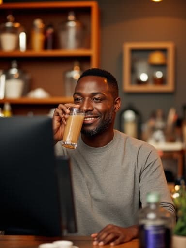 50대 초반의 아프리카계 남성이 캐주얼한 셔츠와 청바지를 입고 아늑한 식당에서 음료를 즐기고 있습니다. 그는 잔을 들어올리며 미소를 지어 따뜻하고 환영하는 분위기 속에서 음식과 음료로 가득 찬 다이닝 경험을 즐기고 있습니다.