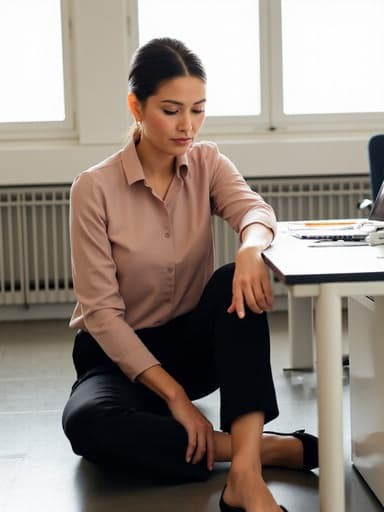40대 초반의 라틴계 여성이 세련된 블라우스와 슬랙스를 입고 현대적인 사무실 바닥에 우아하게 앉아 있는 모습이 반신 촬영되었습니다. 한 손은 무릎에 올려놓고, 다른 손은 중요한 메모를 들고 있으며, 창문을 통해 들어오는 밝은 자연광에 의해 조명이 밝혀집니다.