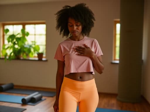 30대 후반의 아프리카계 여성의 반신 사진으로, 밝은 색상의 요가복을 입고 슬픈 표정을 지으며 걷고 있습니다. 한 손은 가슴에 대고, 다른 손은 자연스럽게 늘어뜨린 채로 부드러운 조명이 비추는 아늑한 요가 스튜디오에서 요가 매트와 식물들이 배치된 배경과 함께, 감정의 깊이와 평온함을 전달하는 장면입니다.