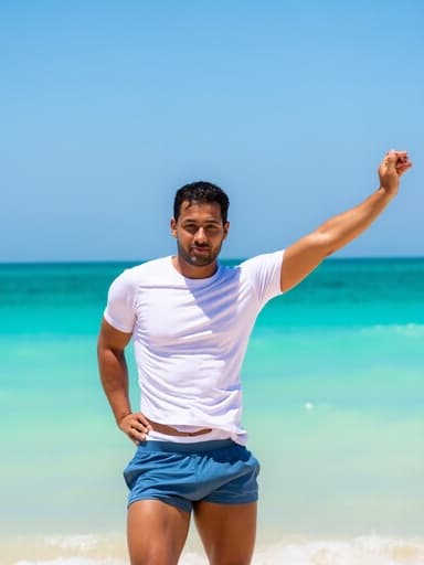 20대 초반의 중동계 남성이 편안한 운동복과 수영복 위에 반팔 티셔츠를 입고 해변에서 스트레칭을 하는 모습이 반신 촬영으로 담겼습니다. 무표정의 그는 맑은 푸른 바다와 하늘을 배경으로 하여 차분하고 상쾌한 분위기를 자아내고 있습니다.