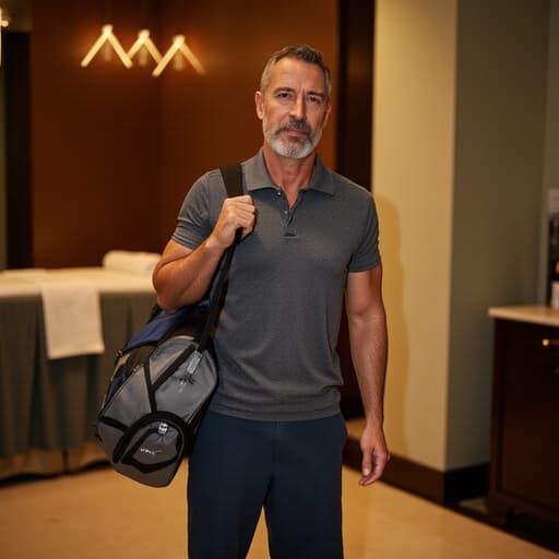 50대 초반의 백인 남성이 아늑한 마사지샵 내부에 서 있습니다. 그는 편안한 운동복과 운동화를 착용하고 있으며, 어깨에 스포츠 가방을 메고 있습니다. 피곤한 표정을 짓고 있는 그의 모습은 마사지샵의 부드러운 조명과 따뜻한 분위기와 대조를 이루며, 편안함이 필요한 상황을 암시합니다.