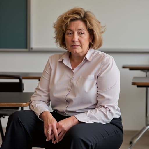 강의실의 책상에 앉아 있는 40대 초반 여성의 반신 사진. 그녀는 편안한 블라우스와 슬랙스를 착용하고 있으며, 자연스러운 외모를 가지고 있습니다. 그녀는 무릎 위에 손을 얹고 약간의 걱정이 담긴 표정을 지으며, 교실의 책상과 화이트보드가 배경에 있어 학문적인 분위기를 만들어냅니다.