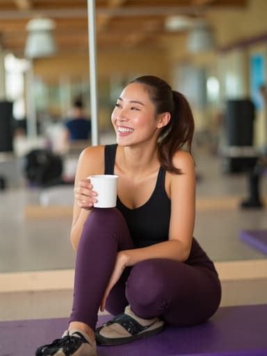 20대 초반의 한국인 여성이 편안한 운동복과 레깅스를 착용하고, 한 손에 커피를 들고 행복한 표정을 지으며 앉아 있는 반신 사진. 거울과 운동 기구가 있는 아늑한 필라테스 스튜디오의 내부가 이미지를 더 따뜻하고 즐거운 분위기로 만들어 줍니다.