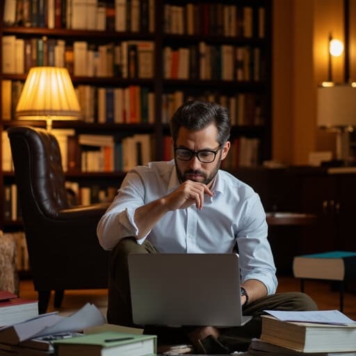 이미지에는 50대 초반의 동양인 남성이 깔끔한 셔츠와 바지를 입고 세련된 안경을 쓰고 있습니다. 그는 바닥에 앉아 노트북과 문서를 살펴보며 고급스럽고 집중한 표정을 짓고 있습니다. 아늑한 공부방의 따뜻한 조명 속에서 책과 서류가 정리된 모습이 지적인 분위기를 연출합니다.