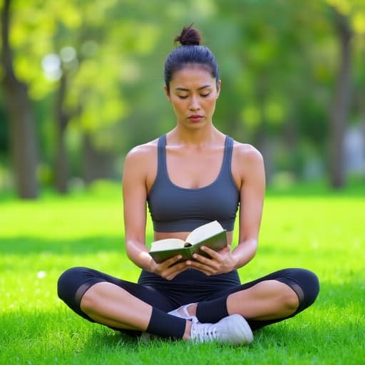 50대 초반의 동양인 여성이 편안한 요가복과 운동화를 입고 있는 반신 사진입니다. 그녀는 책을 읽으며 약간 고개를 갸우뚱한 불만스러운 표정으로, 푸른 잔디와 나무가 어우러진 공원에서 편안하고 사색적인 분위기를 자아내고 있습니다.