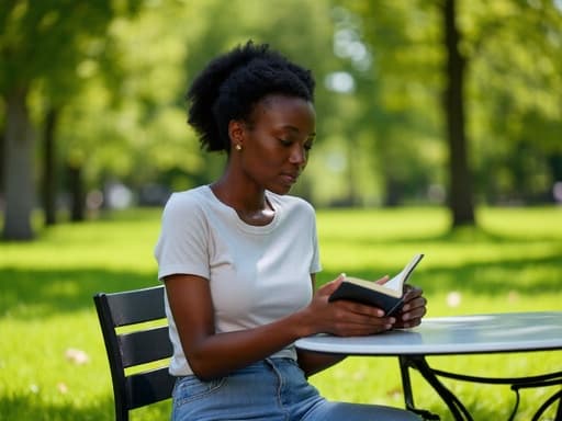 공원에서 테이블에 앉아 책을 읽고 있는 20대 중반의 흑인 여성의 반신 촬영. 편안한 티셔츠와 청바지를 입고 있으며, 평온한 표정을 짓고 있습니다. 푸른 잔디와 나무들로 둘러싸여 있습니다.