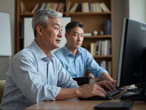 50대 초반의 아시아계 남성이 편안한 회의용 셔츠와 바지를 입고 회의 테이블에 앉아 있는 반신 사진. 그는 모니터에서 비디오를 시청하며 다소 집중한 표정을 짓고 있고, 배경에는 화이트보드와 책장이 있는 스터디룸이 있어 교육적이고 몰입감 있는 분위기를 자아냅니다.
