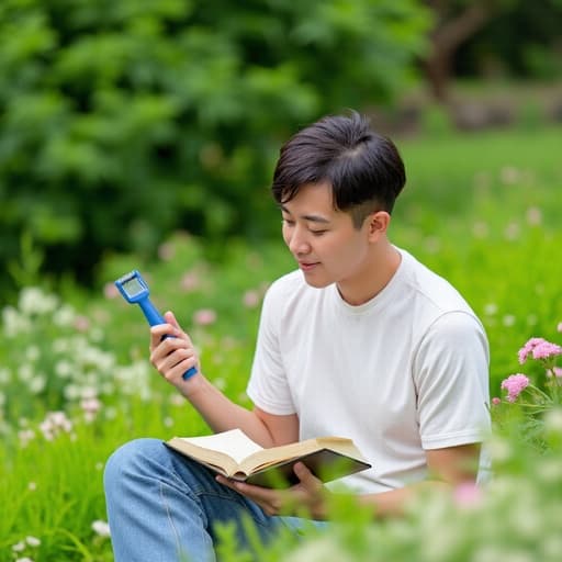 30대 후반의 한국인 남성이 편안한 티셔츠와 청바지 차림으로 푸른 정원에서 책을 읽고 있는 반신 촬영입니다. 그는 한 손에 청소 도구를 들고 있으며, 자연의 아름다움을 즐기며 여유롭고 열정적인 모습입니다. 배경은 푸른 잔디와 화사한 꽃들로 가득 차 있어, 독서에 대한 열정과 야외에서의 즐거움을 강조하는 매력적인 분위기를 만들어냅니다.