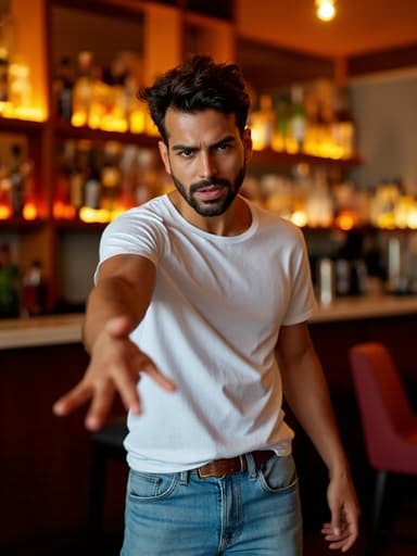 20대 중반의 라틴계 남성이 캐주얼한 흰색 티셔츠와 청바지를 입고 분노한 표정을 지으며 팔을 쭉 뻗어 인사하는 자세를 취한 모습의 반신 촬영. 바의 따뜻한 조명이 아늑한 분위기를 연출하고, 바 테이블에는 다양한 음료가 진열되어 있어 사회적 상호작용의 본질을 포착합니다.