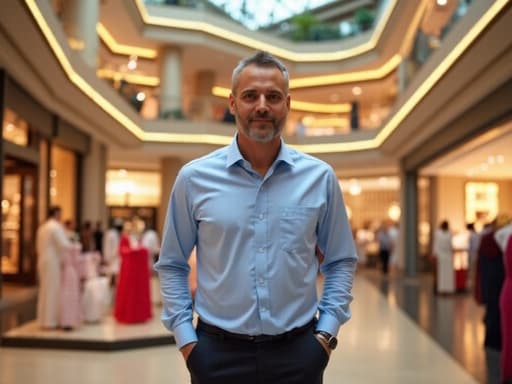 50대 초반의 중동계 남성이 세련된 캐주얼 셔츠와 슬랙스를 입고, 평온한 표정을 짓고 손을 주머니에 넣고 있는 반신 사진이, 다양한 상점들이 보이는 화려한 쇼핑몰 내부를 배경으로 하고 있습니다.