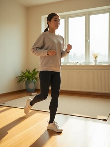 40대 중반의 한국인 여성이 밝은 요가 스튜디오에서 자신감 있게 운동복을 입고 달리는 모습으로, 자연미와 운동에 대한 집중력을 보여줍니다.