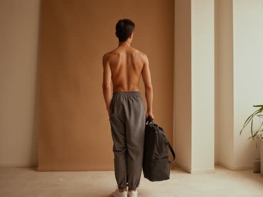 편안한 운동복을 입고 스포츠 백을 어깨에 메고 스트레칭을 준비하는 중동계 10대 후반 남성의 반신 사진. 차분한 조명과 편안한 매트가 어우러져 요가 스튜디오의 고요한 분위기를 강조하며, 그의 여유로운 표정과 자연스러운 외모가 돋보입니다.