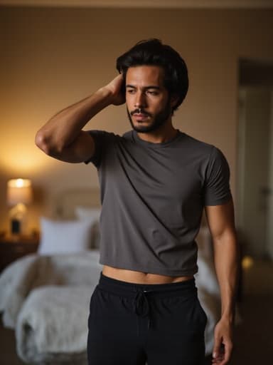 20대 후반의 중동계 남성이 편안한 운동복을 입고, 땀을 흘리며 운동할 준비를 하는 모습이 담긴 반신 사진입니다. 아늑한 침실 배경에서 불안한 표정을 지으며 머리를 쓸어 넘기고 있습니다.