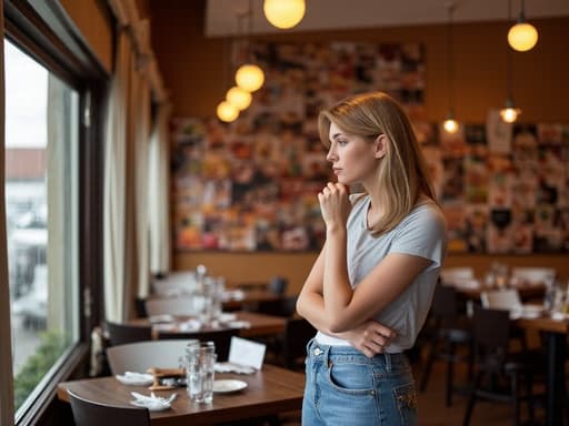 10대 후반 백인 여성의 반신 사진. 캐주얼한 티셔츠와 청바지를 입고 있으며, 식당 메뉴를 바라보며 간식 선택에 대해 고민하는 표정을 짓고 있습니다. 그녀는 손으로 턱을 괴고 있으며, 생각에 잠긴 모습입니다. 배경은 아늑한 식당 내부로 테이블과 의자가 정돈되어 있고, 벽에는 다양한 음식 사진이 걸려 있어 따뜻하고 초대하는 분위기를 연출합니다.