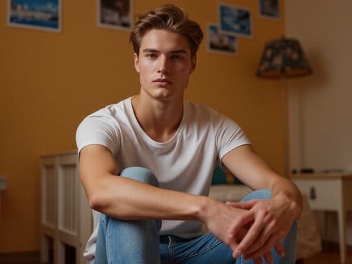 10대 후반의 백인 남성 모델이 자연스러운 외모로 아늑한 침실에 편안하게 앉아 있는 반신 사진입니다. 그는 캐주얼한 티셔츠와 청바지를 입고 있으며 무표정으로 차분한 상태를 보이고 있습니다. 배경은 따뜻하고 초대하는 분위기로 여행 사진들이 벽에 걸려 있어 개인적인 공간과 모험의 느낌을 만들어냅니다.