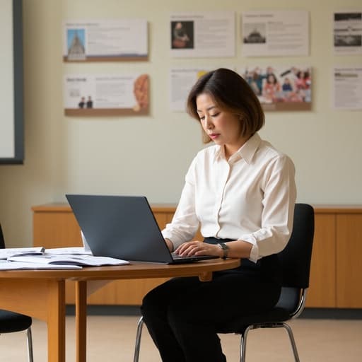 대학 캠퍼스의 회의실에서 프레젠테이션 자료를 준비하며 자신감 넘치는 표정으로 앉아 있는 50대 초반의 아시아계 여성의 반신 샷입니다. 그녀는 깔끔한 블라우스와 정장 바지를 착용하고 있으며, 전문성을 풍기고 있습니다. 배경에는 교육 관련 포스터가 걸려 있어 학문적인 분위기를 더합니다. 그녀의 집중한 표정과 자세는 영향력 있는 발표를 위해 헌신하고 있음을 보여줍니다.
