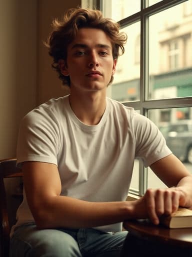 20대 초반 백인 남성이 캐주얼한 티셔츠와 청바지를 입고 아늑한 카페에 편안하게 앉아 있습니다. 한 손으로 책을 들고, 다른 손으로 테이블을 살짝 지탱하며 자유롭고 편안한 표정을 짓고 있습니다. 부드러운 햇빛이 창문을 통해 들어와 아늑한 분위기를 만들어냅니다.