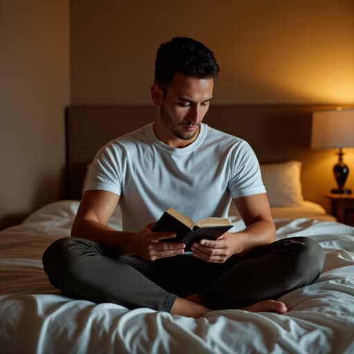 20대 중반의 라틴계 남성이 아늑한 침실의 침대에 앉아 편안한 티셔츠와 슬랙스를 입고 책을 읽으며 당황한 표정을 짓고 있습니다. 부드러운 조명이 따뜻하고 초대하는 분위기를 만들어냅니다.