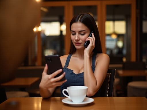 20대 후반의 유럽계 여성이 아늑한 카페에서 전화 통화를 하며 컴퓨터 작업을 하고 있는 모습이 담겨 있습니다. 편안한 캐주얼 의상을 입고 있으며, 무표정으로 집중한 모습을 보여주며 따뜻하고 초대하는 분위기 속에서 생산성을 느끼게 합니다. 테이블 위에는 커피 한 잔이 놓여 있습니다.