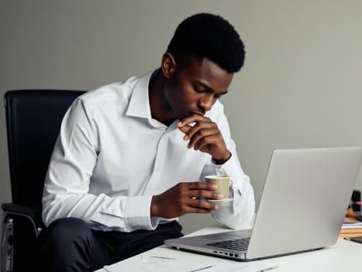 20대 초반 아프리카계 남성이 현대적인 사무실에 앉아 있으며, 깔끔한 흰색 셔츠와 어두운 슬랙스를 입고 있습니다. 그는 한 손에 커피 컵을 들고 다른 손으로 턱을 괴고 있으며, 사색에 잠긴 표정으로 멀리 바라보고 있습니다. 사무실에는 책상과 노트북, 서류가 놓여 있어 차분하고 사색적인 분위기를 자아냅니다.