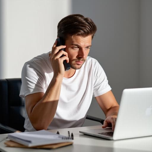30대 초반의 백인 남성이 편안한 티셔츠와 청바지를 입고 피곤한 표정으로 전화를 하며 노트북 키보드를 두드리고 있는 모습입니다. 깔끔한 사무실 환경에서 노트북과 메모지가 놓인 책상이 보이며, 현대적인 작업 환경의 본질을 담고 있습니다.