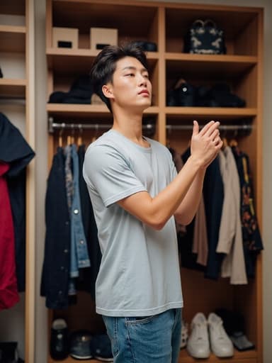 20대 초반의 자연스러운 외모를 가진 한국 남성이 매력적인 표정을 지으며 자신감 있게 옷장 앞에 서 있는 전신 사진입니다. 그는 스타일리시한 티셔츠와 청바지를 착용하고 멋진 액세서리로 꾸며져 있습니다. 옷장에서 다양한 액세서리를 선택하고 있는 모습으로, 개인의 스타일과 패션 감각을 잘 보여줍니다. 배경은 다양한 옷과 액세서리가 진열된 정돈된 옷장으로, 생기 넘치고 패셔너블한 분위기를 만들어냅니다.
