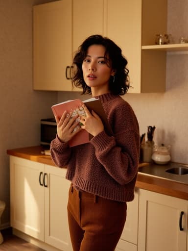 30대 후반의 자신감 넘치는 라틴계 여성이 아늑한 주방에서 책을 들고 즐겁게 춤추고 있습니다. 그녀는 세련된 니트 스웨터와 슬랙스를 착용하고 있으며, 따뜻한 조명 아래에서 우아함과 편안함을 발산하고 있습니다.