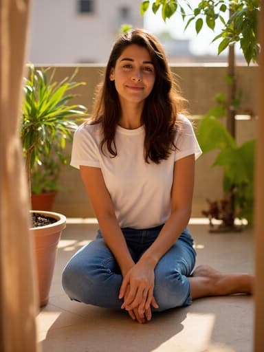 햇살이 따스하게 내리쬐는 베란다에 편안하게 앉아 있는 10대 후반의 중동계 여성의 생동감 넘치는 자연스러운 초상입니다. 그녀는 편안한 티셔츠와 청바지를 입고 있으며, 활기찬 표정과 편안한 자세로 아늑한 분위기를 연출하고 있습니다. 배경에는 따뜻한 햇살과 푸른 식물들이 어우러져 있습니다.