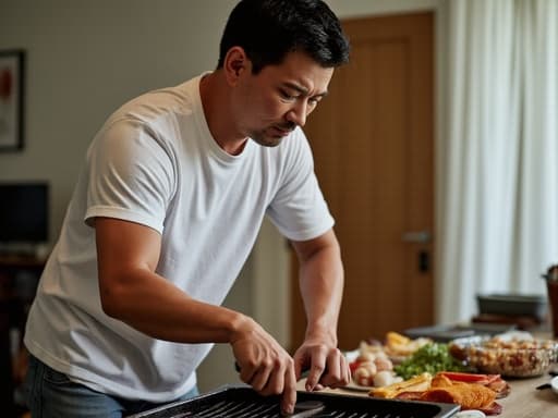 30대 후반의 아시아계 남성이 자연스러운 모습으로 반신 샷으로 나타나며, 편안한 티셔츠와 청바지를 착용하고 있습니다. 그는 바베큐 그릴을 청소하는 동안 화난 표정을 짓고 있으며, 손에는 청소 도구를 들고 있습니다. 배경의 다이닝룸은 바베큐 파티 후의 남은 음식들로 어지럽혀져 있어 혼란스러운 정리 장면을 잘 보여줍니다.
