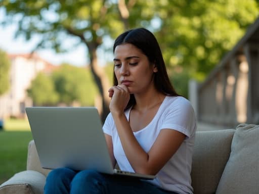 대학교 캠퍼스의 조용한 구석에 있는 편안한 소파에 앉아 있는 20대 후반 라틴계 여성의 반신 사진입니다. 그녀는 캐주얼한 티셔츠와 청바지를 입고 있으며, 손으로 턱을 받치고 노트북을 깊은 생각에 잠긴 듯 바라보는 모습에서 스트레스 받은 표정을 짓고 있습니다. 배경에는 대학 캠퍼스의 나무와 건물이 보이며, 차분하면서도 사색적인 분위기를 자아냅니다.