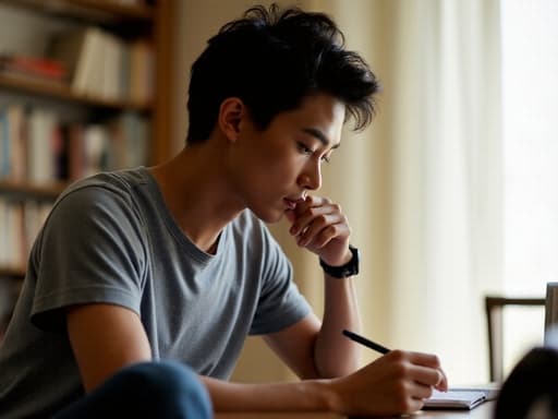 40대 초반의 평온한 표정을 가진 동양인 남성이 편안한 티셔츠와 청바지를 입고 노트에 집중하며 글을 쓰고 있는 반신 샷입니다. 배경은 아늑한 집 안으로, 책장이 보이고 창문으로 자연광이 들어와 따뜻한 분위기를 연출하고 있습니다.