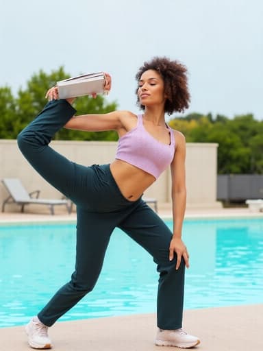 30대 중반의 건강하고 활기찬 백인 여성이 편안한 운동복과 스니커즈를 착용하고 스트레칭에 열중하는 모습의 반신 사진. 그녀는 한 손에 노트를 들고 다른 손으로는 스트레칭 자세를 교정하고 있습니다. 맑은 날씨의 수영장 옆에서 이 장면이 펼쳐져 있으며, 활력과 피트니스의 본질을 담고 있습니다.