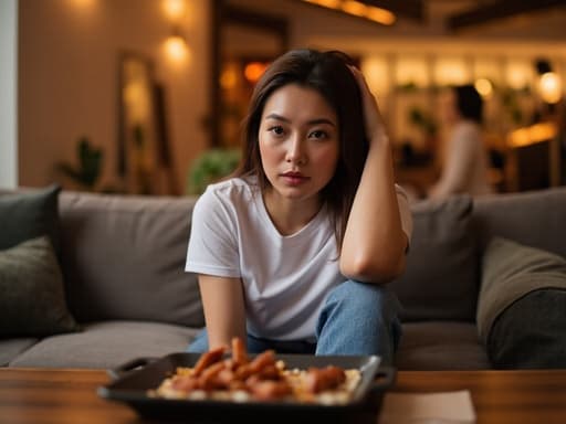 20대 후반의 백인 여성이 거실 소파에 앉아 캐주얼한 티셔츠와 청바지를 착용하고 무관심한 표정을 지으며 BBQ 접시를 바라보고 있는 모습. 아늑한 식당 인테리어가 장면에 따뜻함을 더합니다.