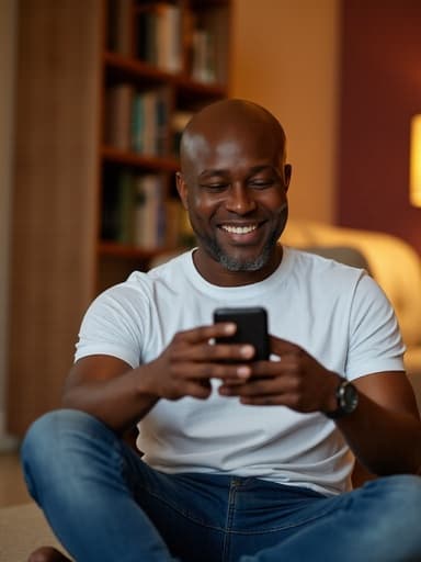 50대 초반의 아프리카계 남성이 자연스러운 외모를 지닌 채 따뜻한 조명의 개인 공간에서 바닥에 앉아 있습니다. 그는 편안한 티셔츠와 청바지를 착용하고 있으며, 한 손에 스마트폰을 들고 화면을 보며 밝게 웃고 있습니다. 배경에는 아늑한 책장과 소파가 있어 장면의 따뜻한 분위기를 더하고 있습니다.