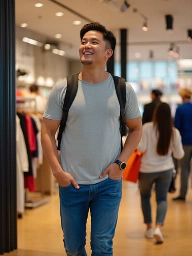 40대 초반의 자신감 넘치는 한국 남성이 세련된 캐주얼 의상을 입고, 현대적인 패션 매장에서 다른 쇼핑객들과 함께 달리며 미소 짓고 있는 전신 사진. 배경에는 다양한 트렌디한 의상이 진열되어 있어 활기찬 쇼핑 분위기를 자아냅니다.