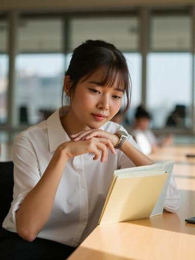 현대적인 사무실에서 책을 들고 생각에 잠긴 걱정스러운 한국 여성의 반신 사진, 깔끔한 블라우스와 슬랙스를 입고 있으며 자연광이 공간을 밝히고 있습니다.