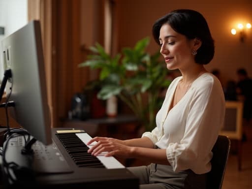 40대 중반의 유럽계 여성이 세련된 블라우스와 정장 바지를 입고 컴퓨터 앞에 앉아, 키보드를 조작하며 음악에 몰입하고 있는 모습이 아늑한 커뮤니티 센터에서 포착되었습니다.